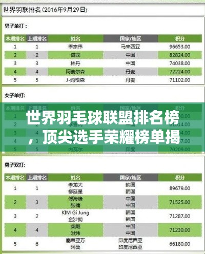 世界羽毛球联盟排名榜,顶尖选手荣耀榜单揭晓!